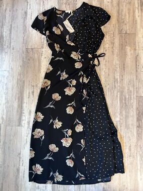 Mystree Black Floral & White Polka Dot Contrasting Wrap Dress